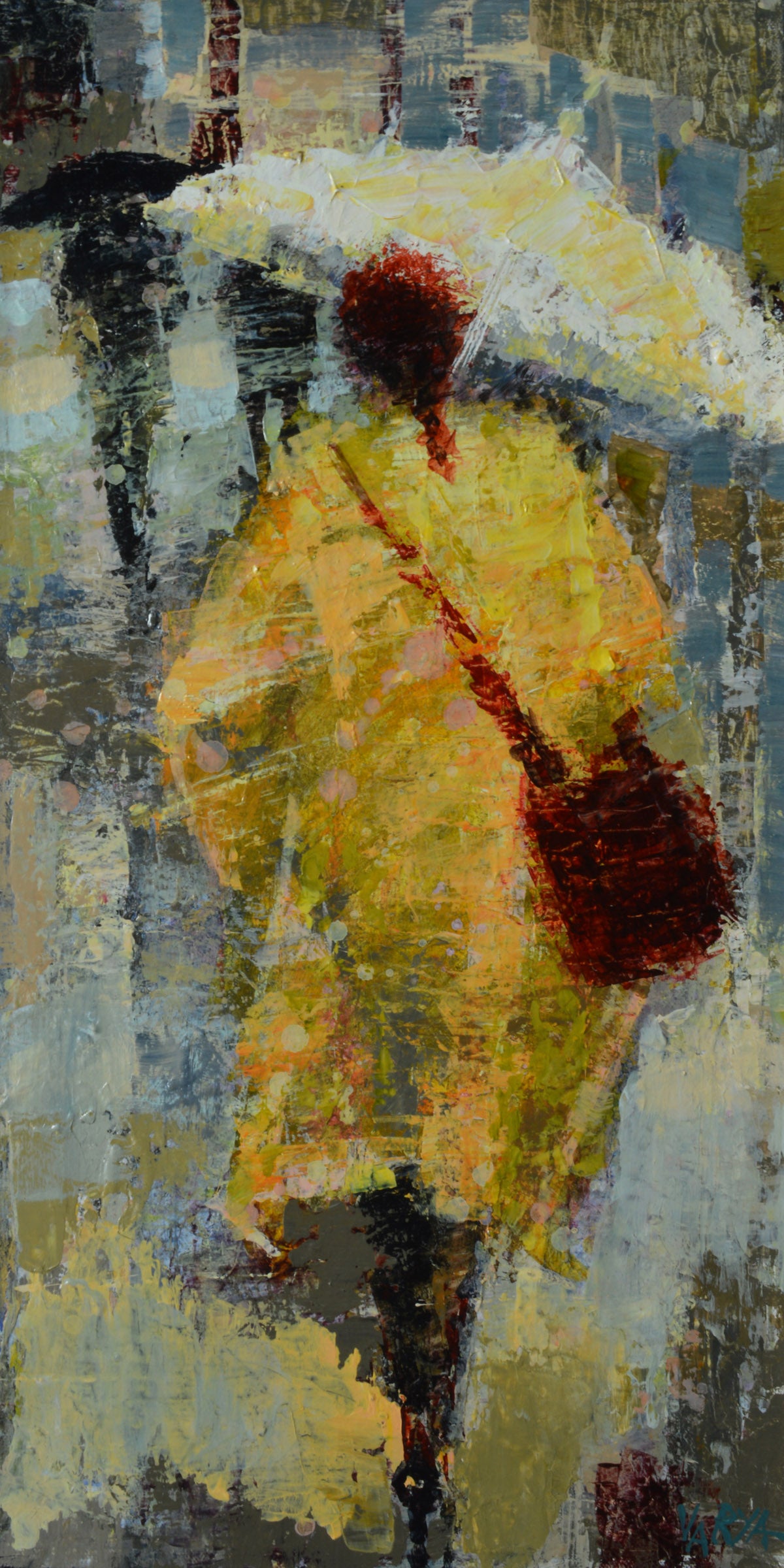 painting of woman on rainy street