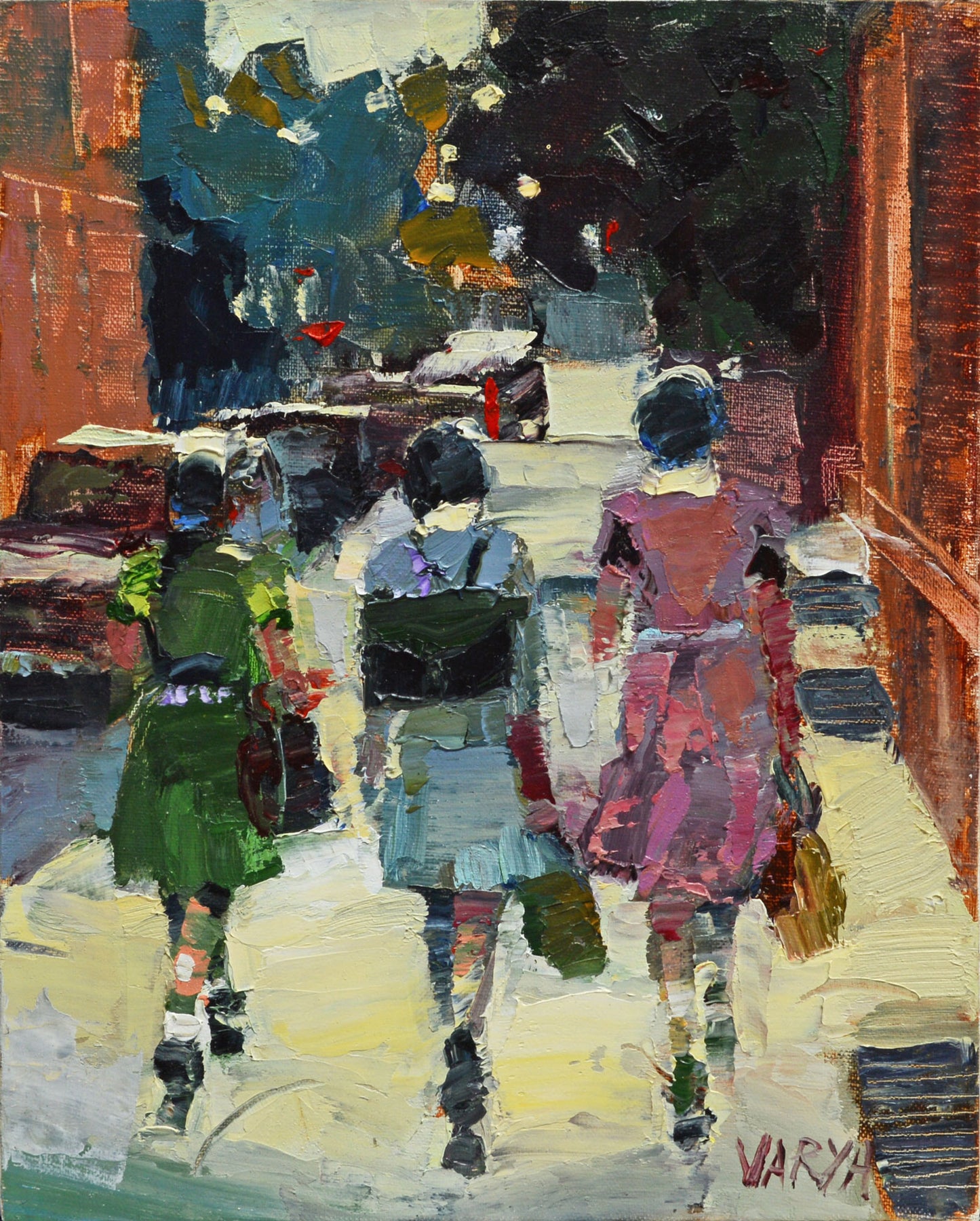 Impressionist oil painting scene of girls walking on street