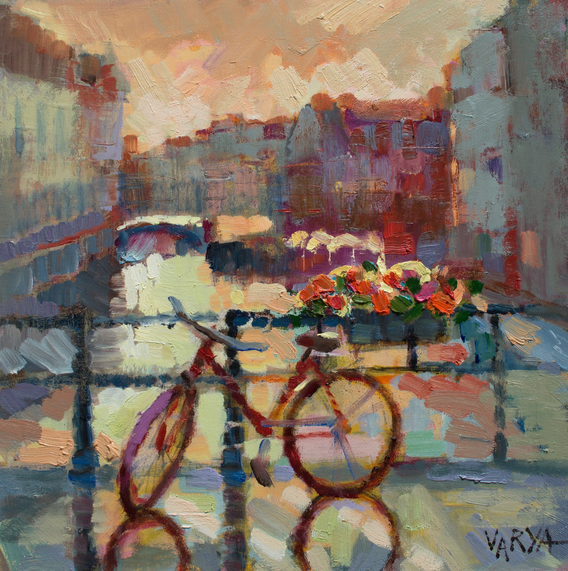 the bike oil painting European city