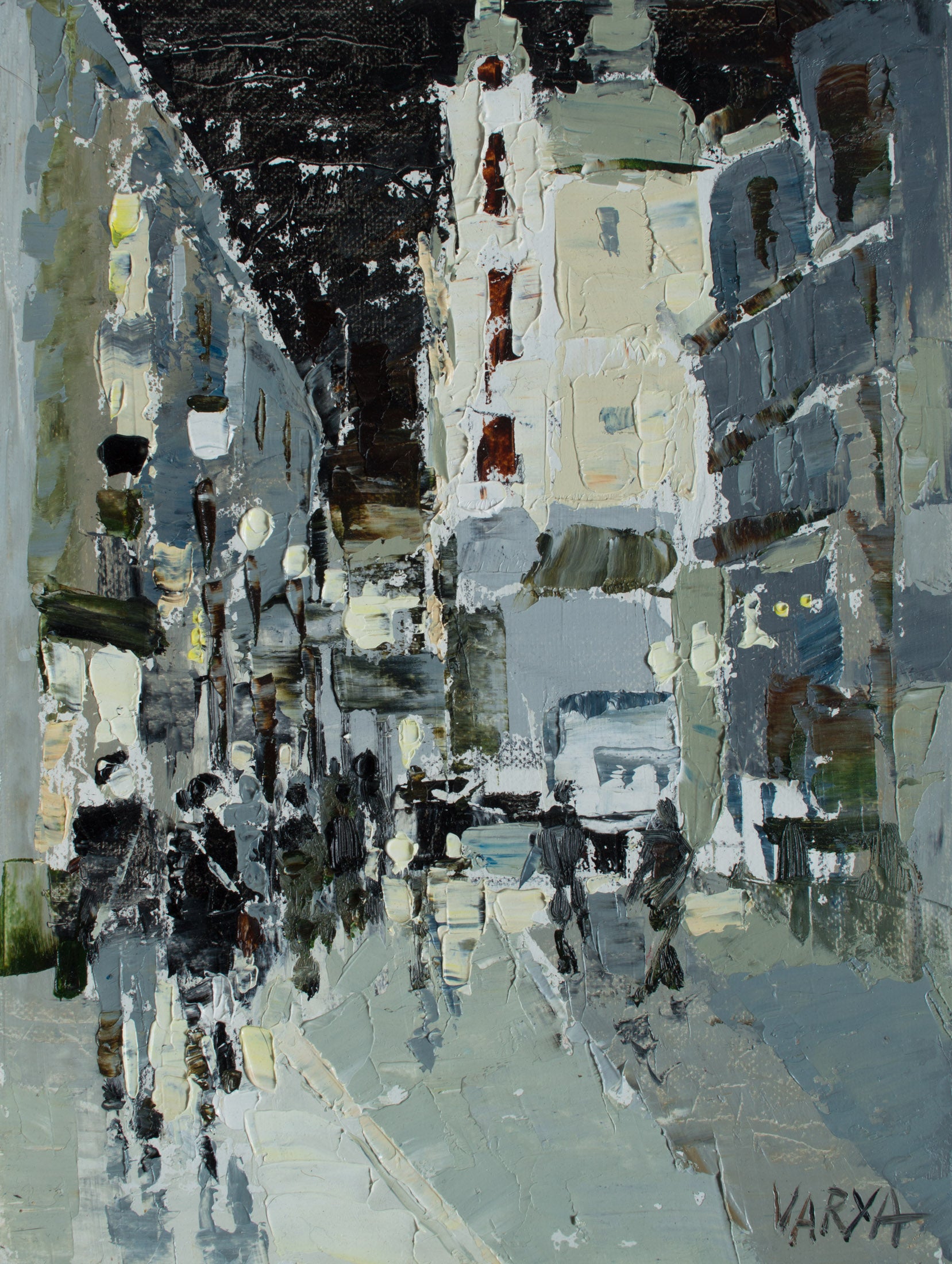 Prague street Monochromatic impressionist oil painting