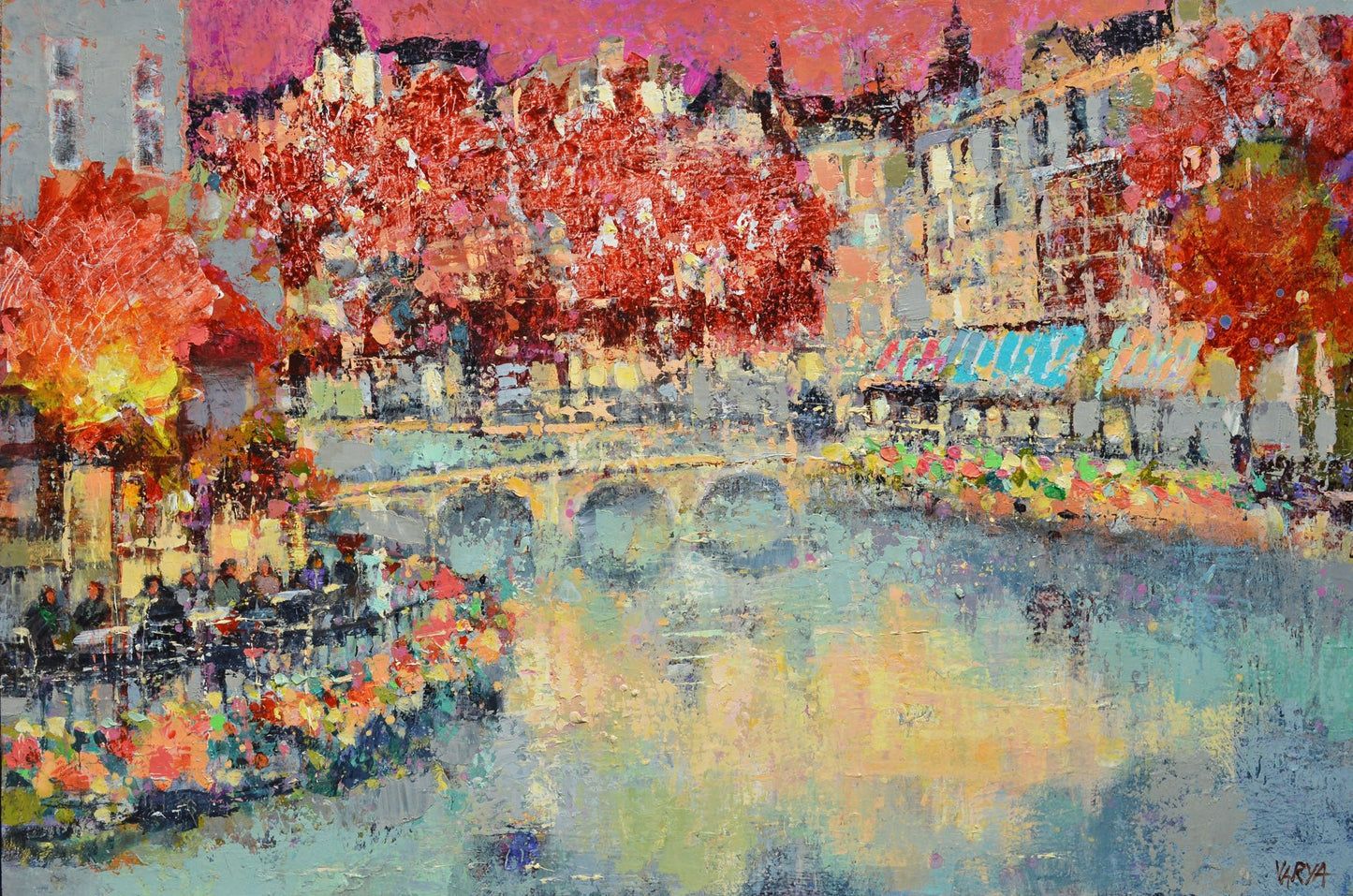 Impressionist oil painting of French town cafe